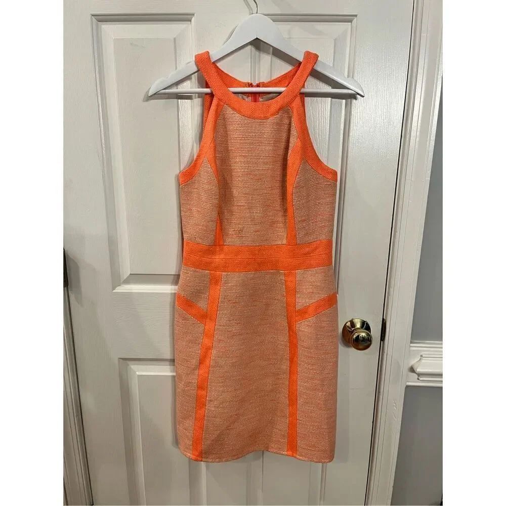 Milly of New York Orange & Tan Tweed Halter Style Dress sz 4 EUC